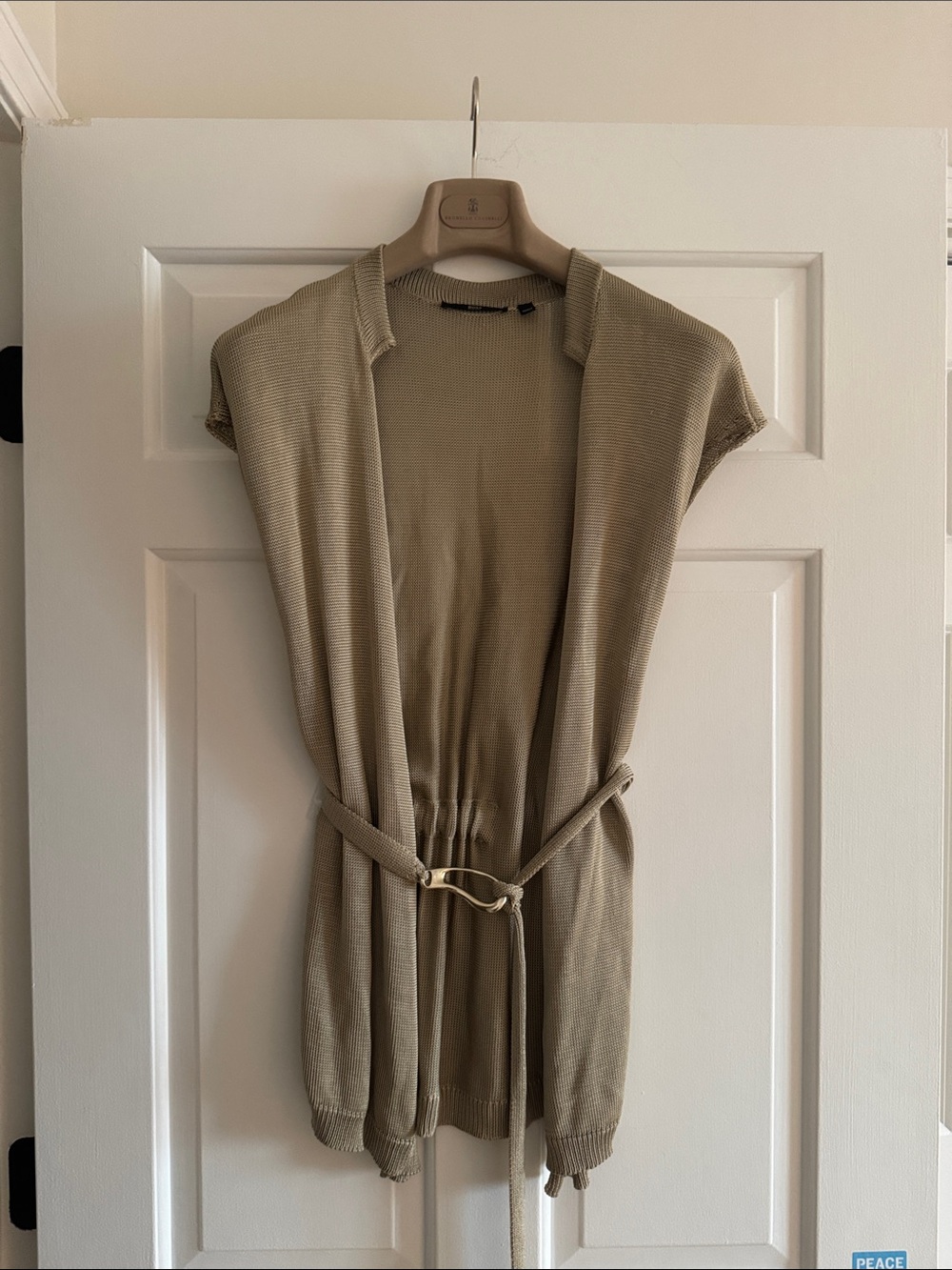 HUGO BOSS Sleevless Belted Knit Cardigan in Beige